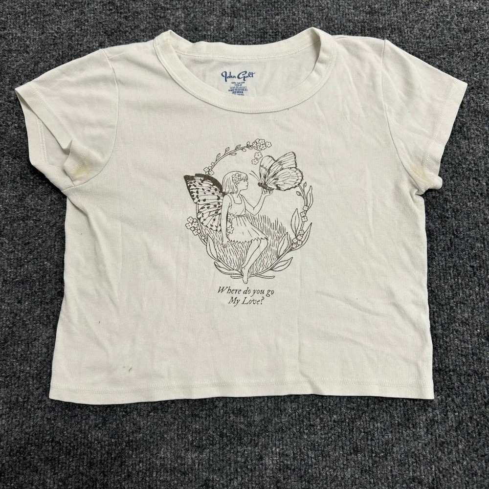 John Galt T-Shirt Womens Size OS White Fairy Graphic Cotton Cropped Baby Tee